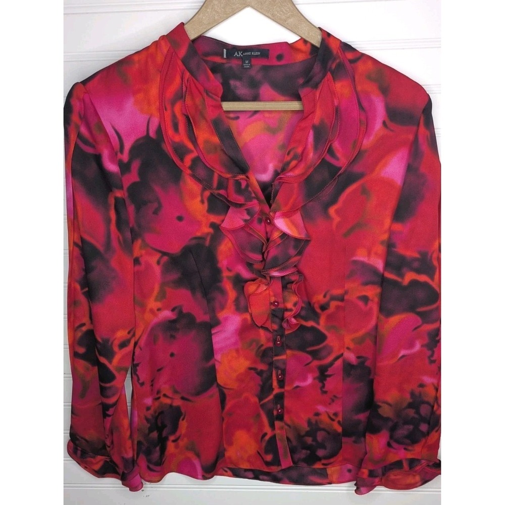 Anne Klein Women's Blouse Medium Floral Red Pink Black Button Up Lightweight Top